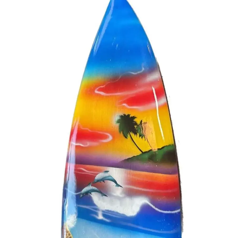Hawaiian Hand Made 16” Carved Wood Surfboard Engraved Turtle Airbrush Dolphin